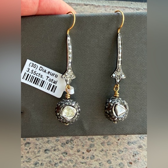 Elegant 14kt. Yellow Gold & Sterling Silver Diamond Dangle Earrings - Picture 9 of 12